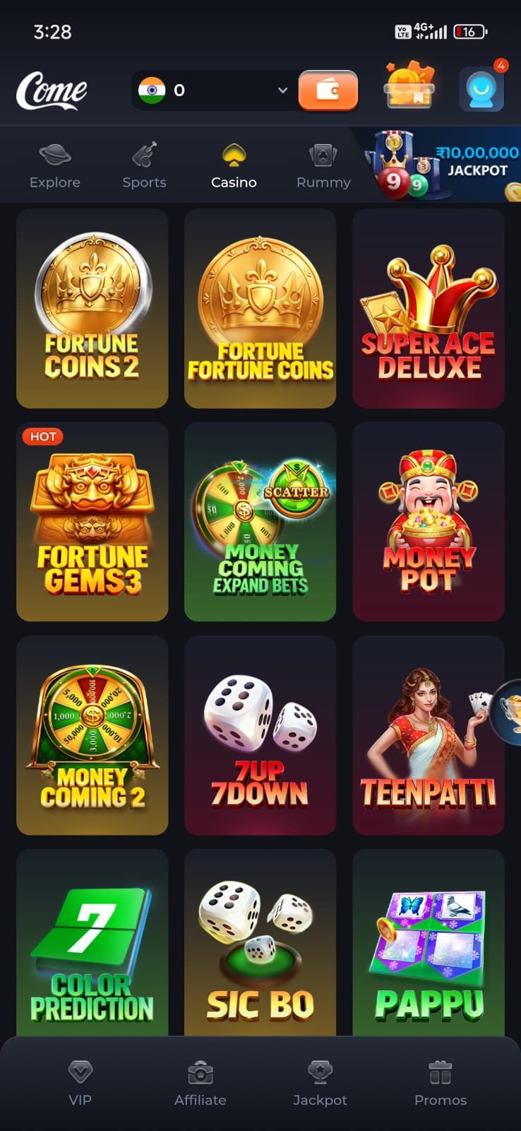 Come Casino online gaming dashboard
